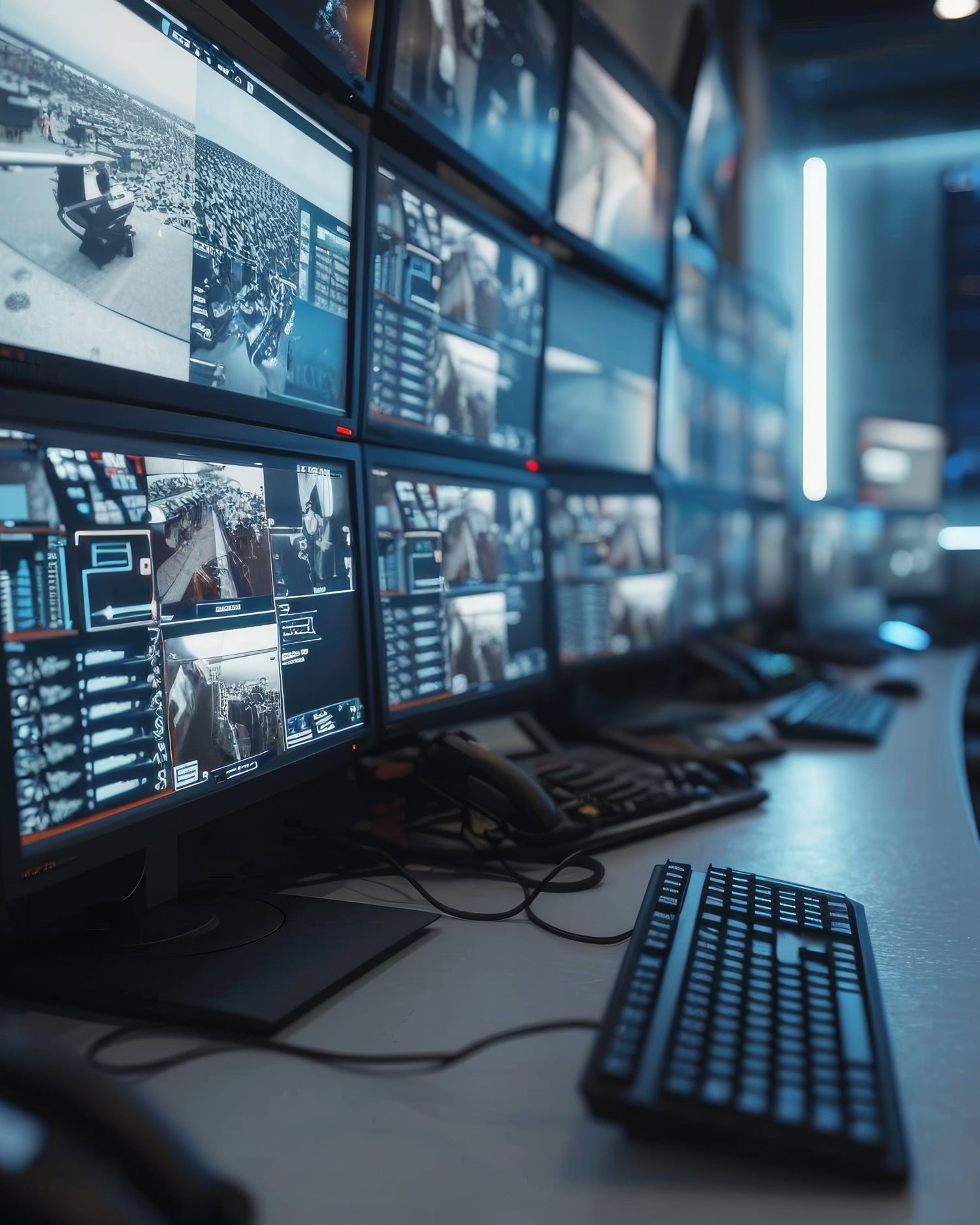 Control room with multiple monitors displaying security footage.