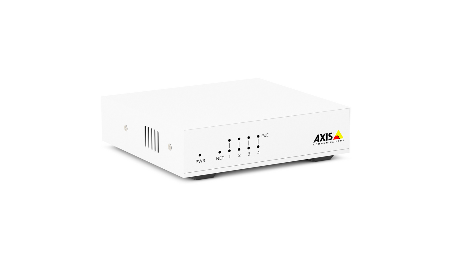 White AXIS ​D8004 unmanaged PoE switch left angle.