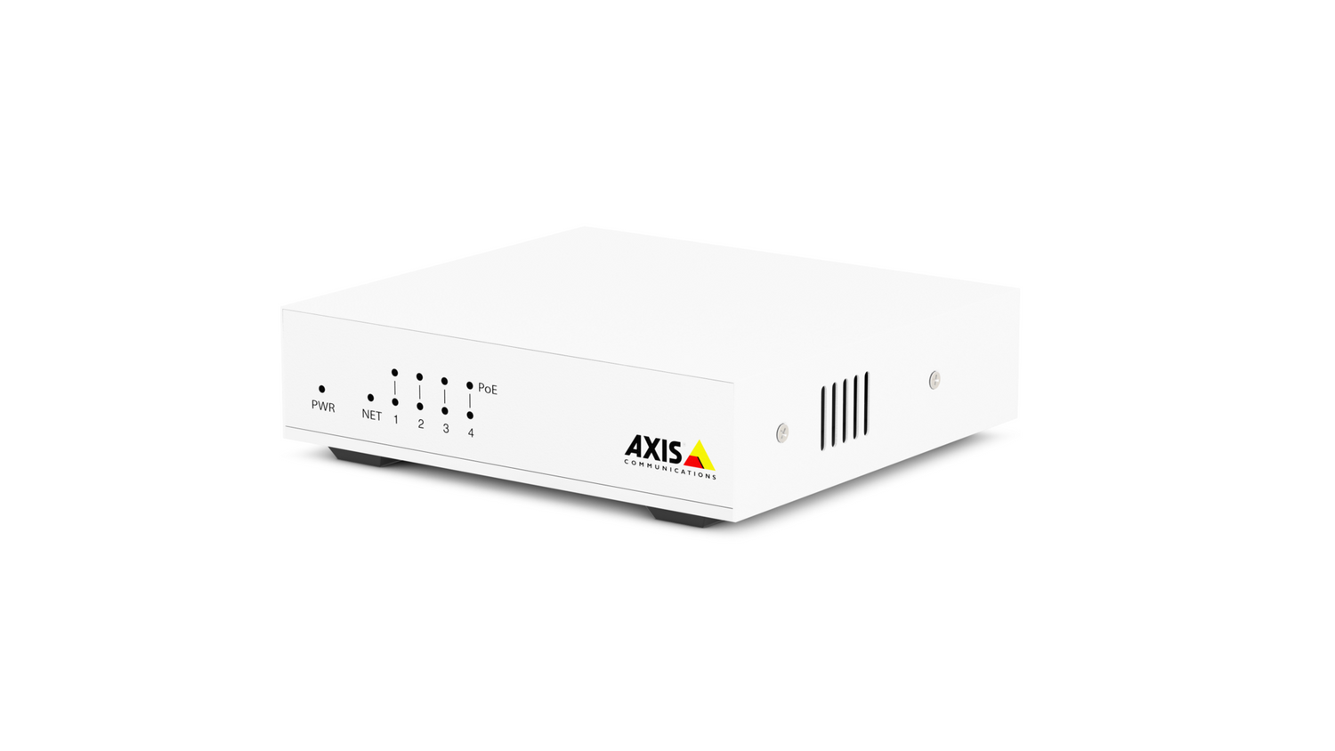 White AXIS ​D8004 unmanaged PoE switch right angle.