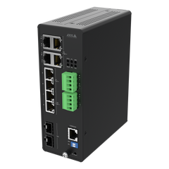 AXIS D8208-R Industrial PoE++ Switch angled left.