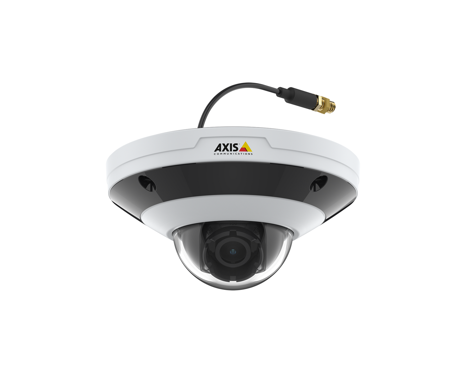 White ceiling mount AXIS f4105 L R E with pigtail connection front view.
