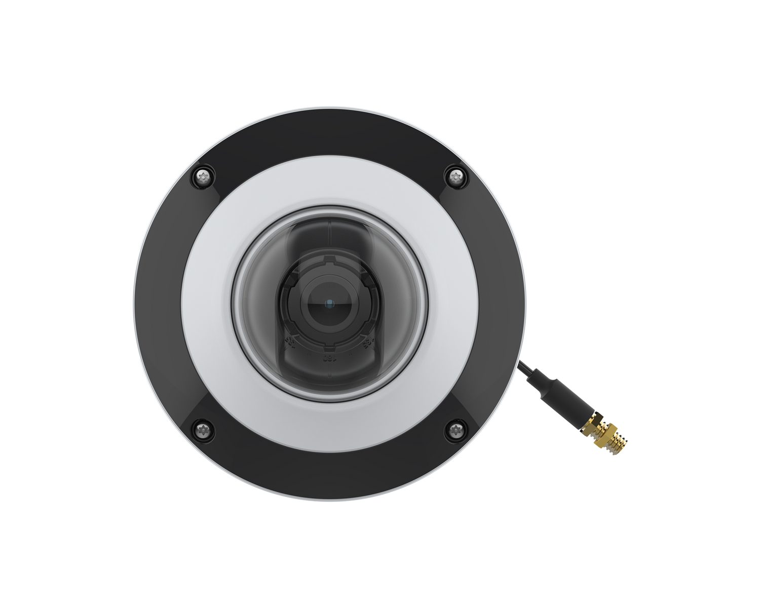 White wall mount AXIS f4105 L R E with pigtail connection side angle.